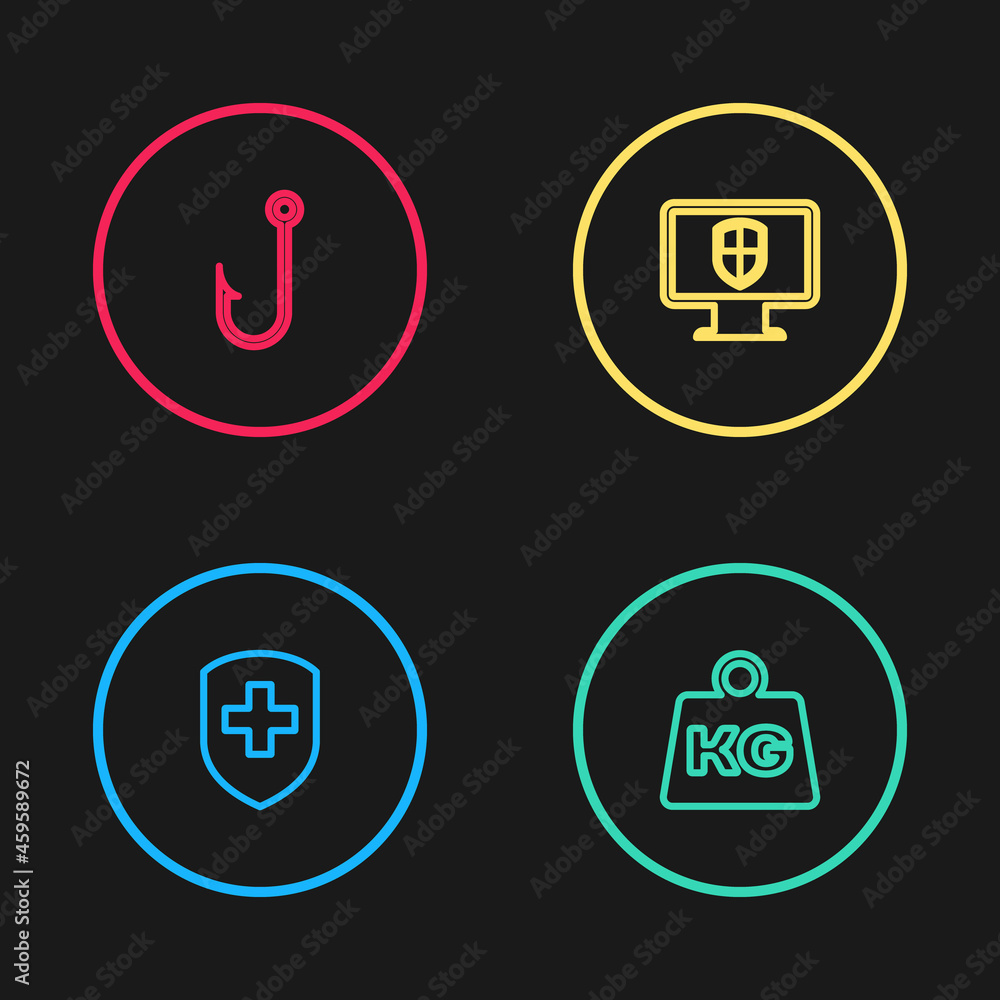 Set line Medical shield with cross, Weight, Monitor and and Fishing hook icon. Vector Set line Medical shield with cross, Weight, Monitor and and Fishing hook icon. Vector