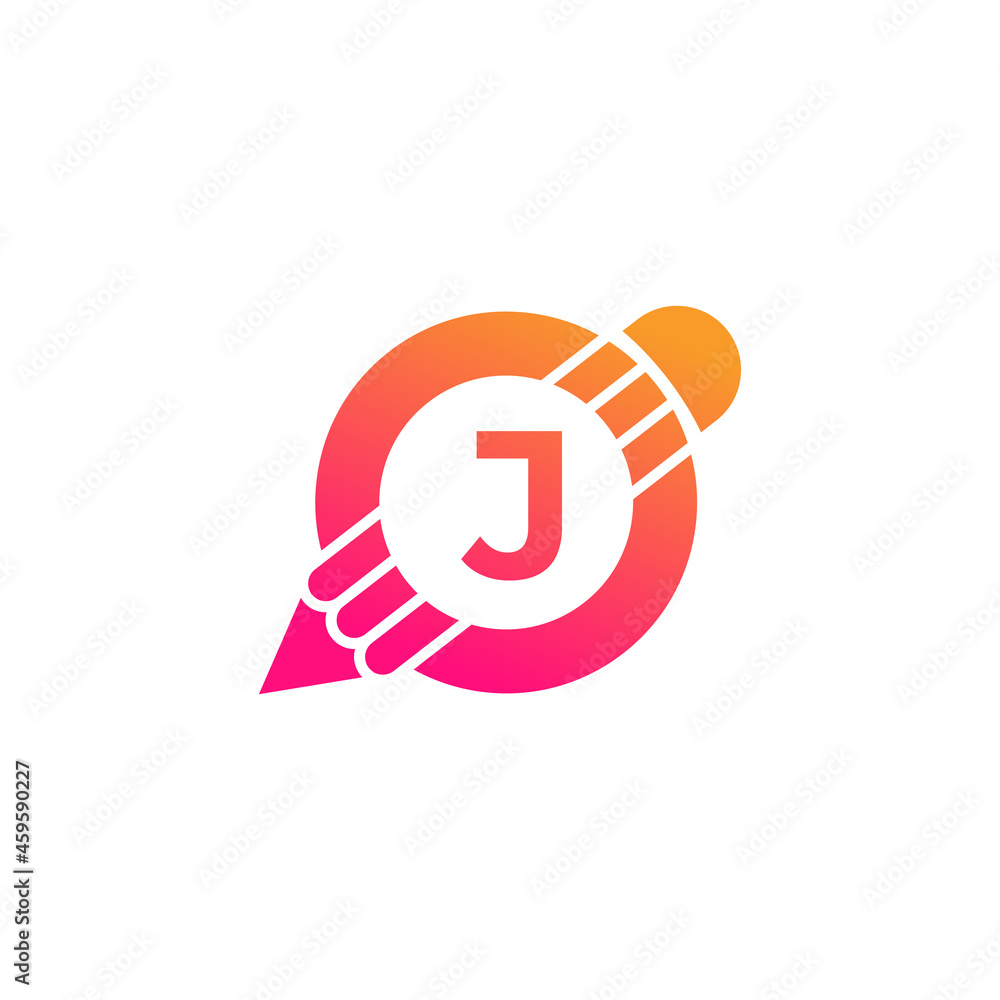 Creative Letter J Pencil with Circle for Education or Art Logo Inspiration Creative Letter J Pencil with Circle for Education or Art Logo Inspiration