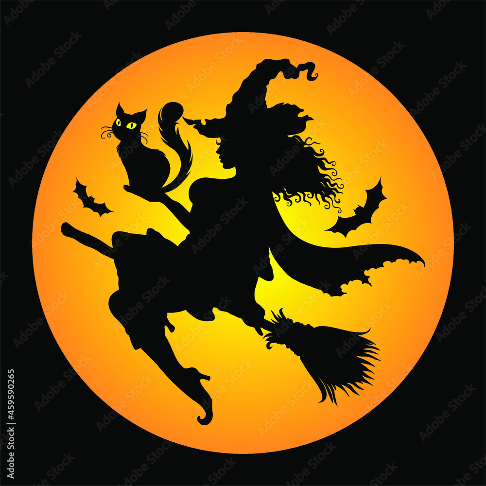 А silhouette of a young graceful witch flying on a broom and holding a cat in her hands. Hand drawn Halloween vector illustration.