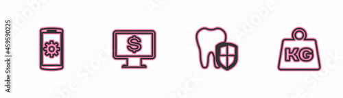 Set line Setting on smartphone, Dental protection, Monitor with dollar and Weight icon. Vector