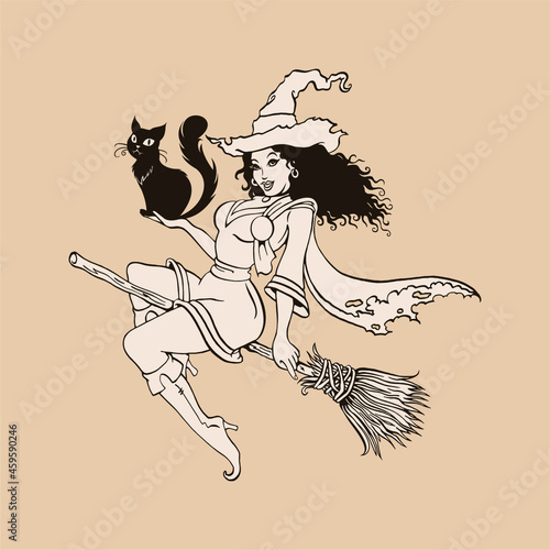 А young graceful witch flying on a broom and holding a cat in her hands. Hand drawn Halloween vintage style vector illustration.