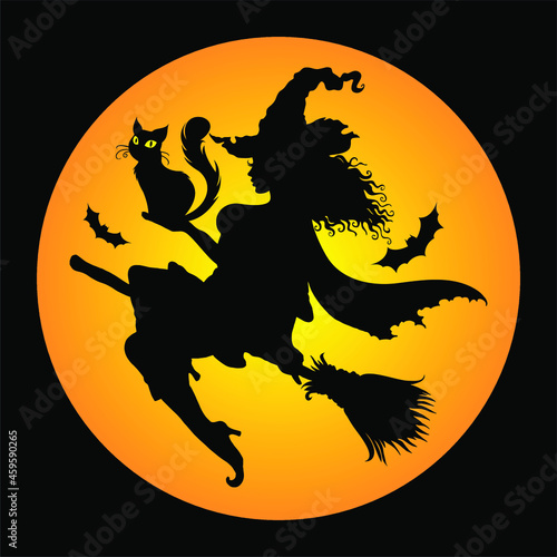 А silhouette of a young graceful witch flying on a broom and holding a cat in her hands. Hand drawn Halloween vector illustration.