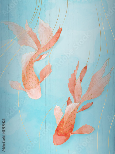 Oriental luxury goldfish poster on blue background with gold elements and watercolor textures.