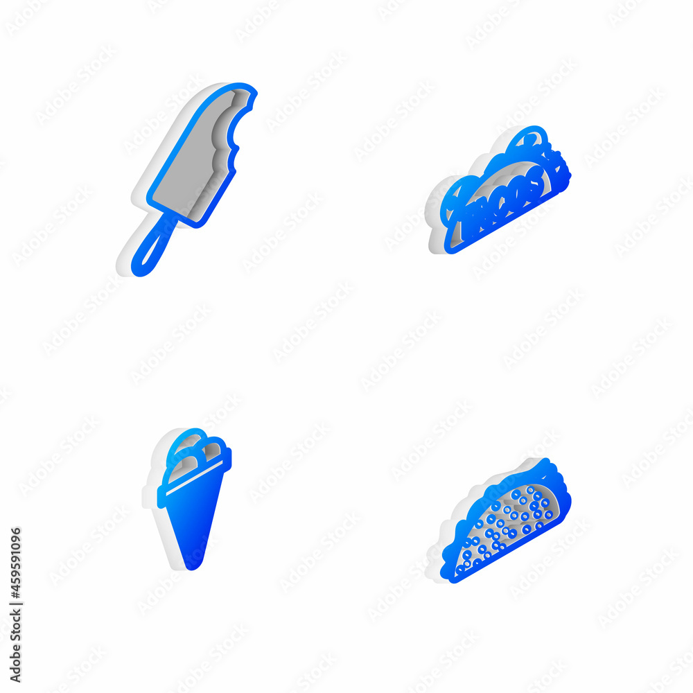 Set Isometric line Taco with tortilla, Ice cream, in waffle cone and icon. Vector Set Isometric line Taco with tortilla, Ice cream, in waffle cone and icon. Vector