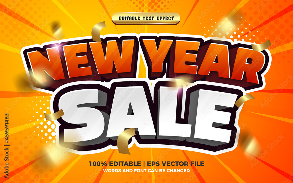 new year sale 3d cartoon comic editable text effect template style - obrazy, fototapety, plakaty 
