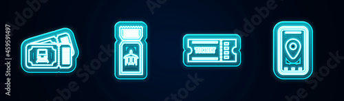 Set line Train ticket  Airline  Ticket and Infographic of city map. Glowing neon icon. Vector