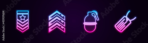 Set line Chevron, Military rank, Hand grenade and dog tag. Glowing neon icon. Vector