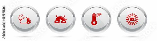Set line Thermometer and cloud, moon, Rainbow with clouds, Meteorology thermometer and UV protection. Silver circle button. Vector