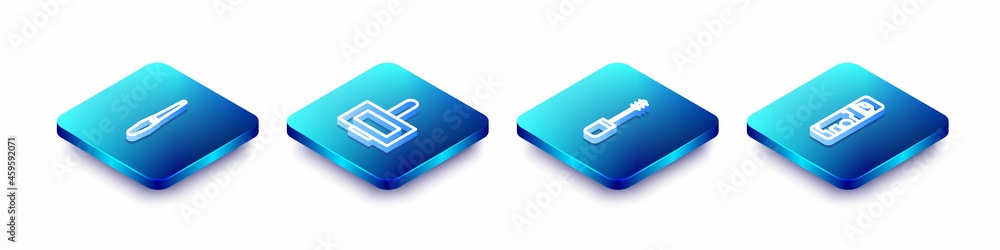 Set Isometric line Nail file, polish bottle, Mascara brush and Shaving gel foam icon. Vector Set Isometric line Nail file, polish bottle, Mascara brush and Shaving gel foam icon. Vector