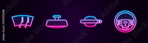 Set line Windscreen wiper, Car mirror, door handle and Steering wheel. Glowing neon icon. Vector