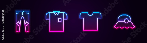 Set line Pants, Polo shirt, T-shirt and Elegant women hat. Glowing neon icon. Vector