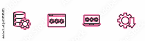 Set line Server and gear, Laptop with password, Password protection and Cost reduction icon. Vector