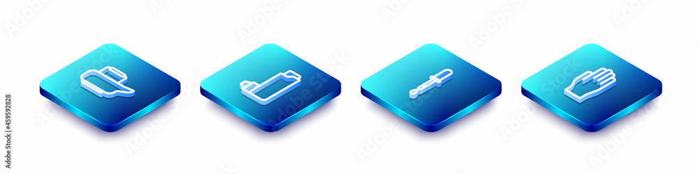 Set Isometric line Bedpan, Inhaler, Pipette and Medical rubber gloves icon. Vector Set Isometric line Bedpan, Inhaler, Pipette and Medical rubber gloves icon. Vector