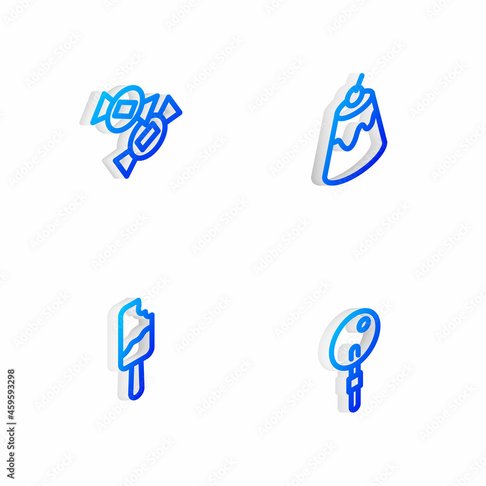 Set Isometric line Pudding custard, Candy, Ice cream and Lollipop icon. Vector
