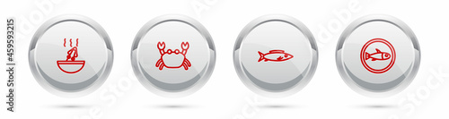 Set line Soup with octopus, Crab, Fish and Served fish on plate. Silver circle button. Vector