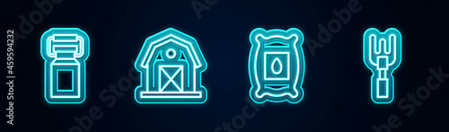 Set line Can container for milk, Farm house, Pack full of seeds of plant and Garden rake. Glowing neon icon. Vector