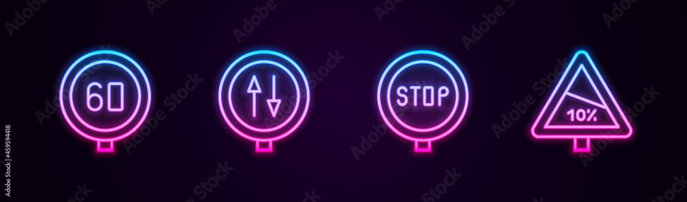 Set line Speed limit traffic, Road warning two way, Stop sign and Steep ascent and descent road. Glowing neon icon. Vector Set line Speed limit traffic, Road warning two way, Stop sign and Steep ascent and descent road. Glowing neon icon. Vector