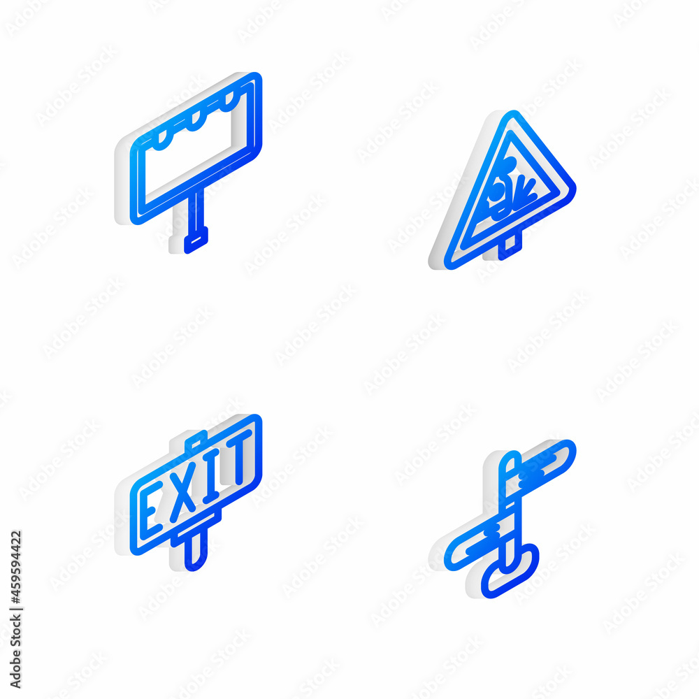 Set Isometric line Warning road sign, Billboard with lights, Fire exit and Road traffic icon. Vector Set Isometric line Warning road sign, Billboard with lights, Fire exit and Road traffic icon. Vector