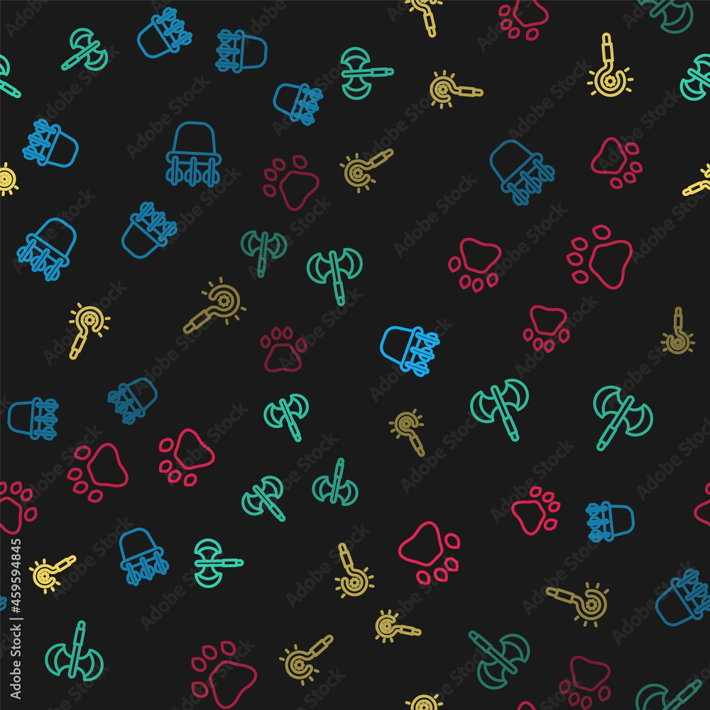 Set line Quiver with arrows, Medieval poleaxe, Magic wand and Bear paw footprint on seamless pattern. Vector Set line Quiver with arrows, Medieval poleaxe, Magic wand and Bear paw footprint on seamless pattern. Vector