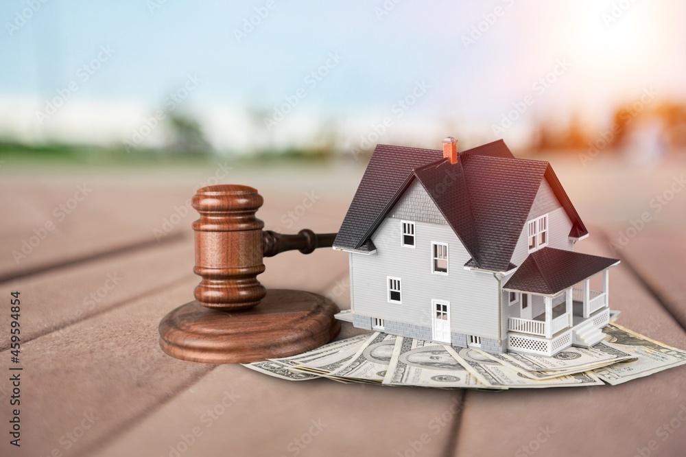 Old wood Judge hammer with Mini house model, Planning buy Real Estate, Old wood Judge hammer with Mini house model, Planning buy Real Estate,