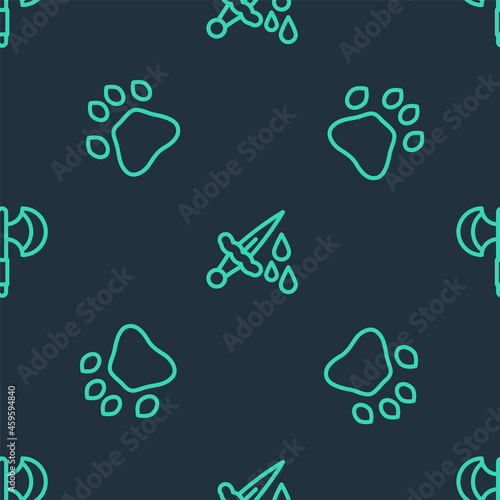 Set line Sword with blood, Bear paw footprint and Medieval poleaxe on seamless pattern. Vector