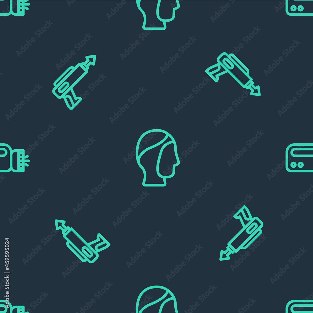 Fototapeta premium Set line Diving hood, Fishing harpoon and Flashlight for diver on seamless pattern. Vector