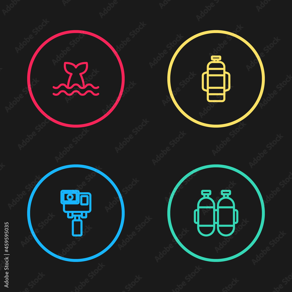 Set line Action extreme camera, Aqualung, and Whale tail icon. Vector Set line Action extreme camera, Aqualung, and Whale tail icon. Vector