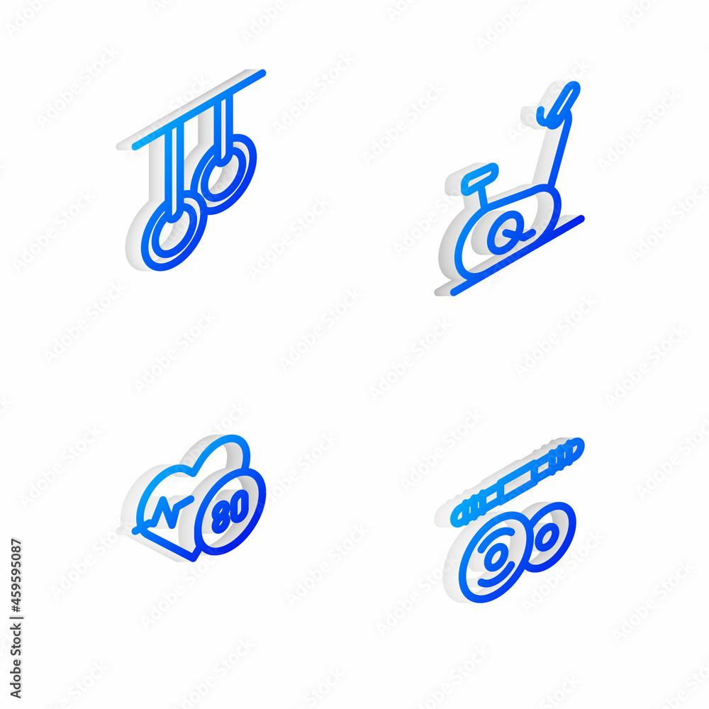 Set Isometric line Stationary bicycle, Gymnastic rings, Heart rate and Barbell icon. Vector