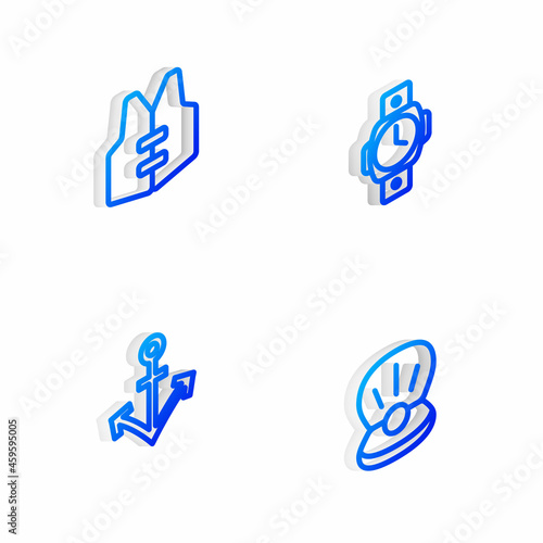 Set Isometric line Diving watch, Life jacket, Anchor and Pearl icon. Vector