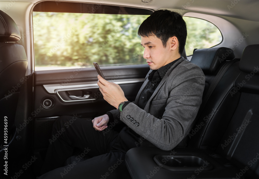 business woman using a smartphone while sitting in the back seat of car