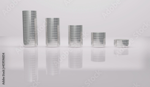 3D Rendering concept of silver coin stack on glossy floor and white background. 3D Render. 3d illustration.