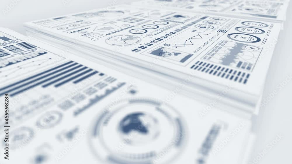 Bundle of sheets of white paper. White desk in office. Business and education concept. Moving graph and chart. Loop animation. Bundle of sheets of white paper. White desk in office. Business and education concept. Moving graph and chart. Loop animation.