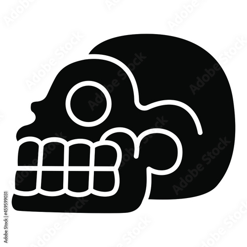 Stylized merry human skull. Native American art of Aztec Indians from Mexican codex. Isolated vector illustration. Spooky funny death symbol. Black and white silhouette. Simple Halloween design.