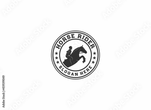 equestrian logo with illustration of a person riding a jumping horse