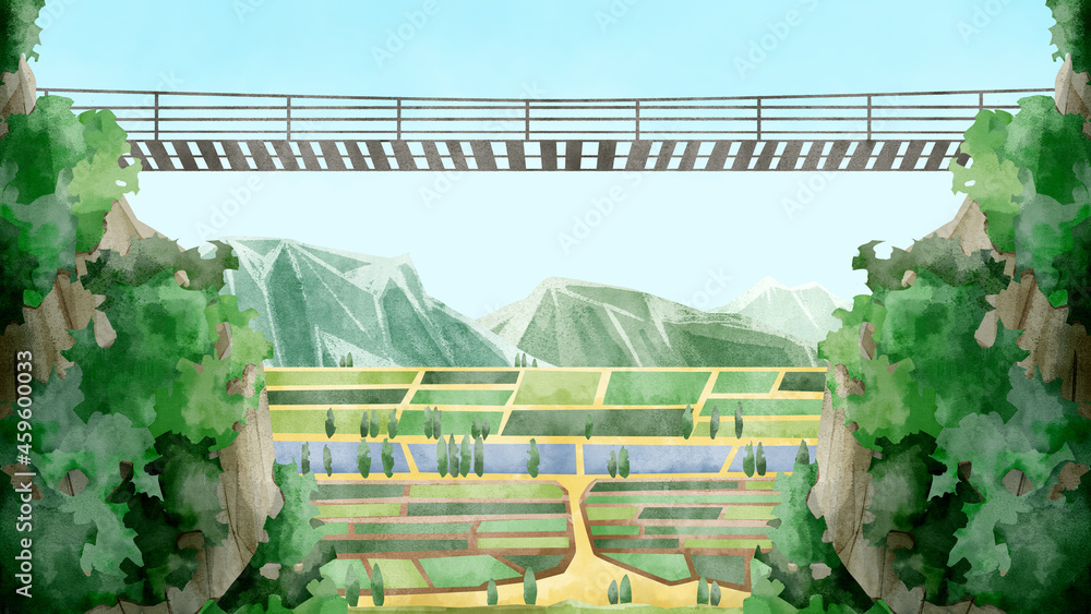 山間から覗く農村の街並み手書き水彩風イラスト Stock Illustration Adobe Stock