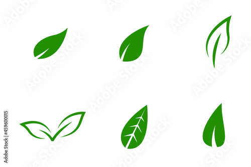 Conjunto de icono de hoja de árbol verde o planta curva. Concepto de naturaleza y verano. Ilustración vectorial
