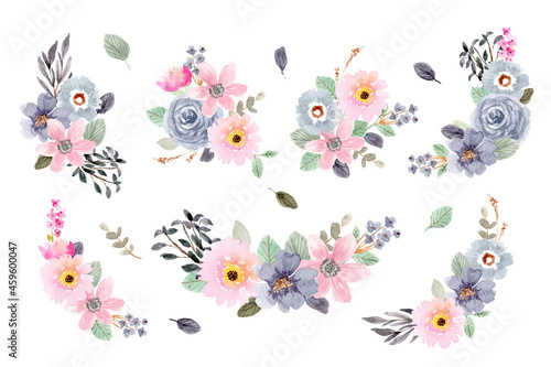 pink blue floral arrangement watercolor collection