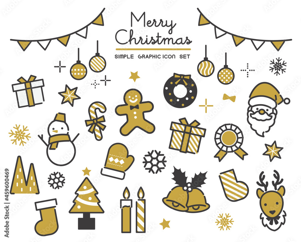 シンプルでかわいいクリスマスアイコンベクターイラスト素材 プレゼント サンタ 素材 ゴールド Stock Vector Adobe Stock