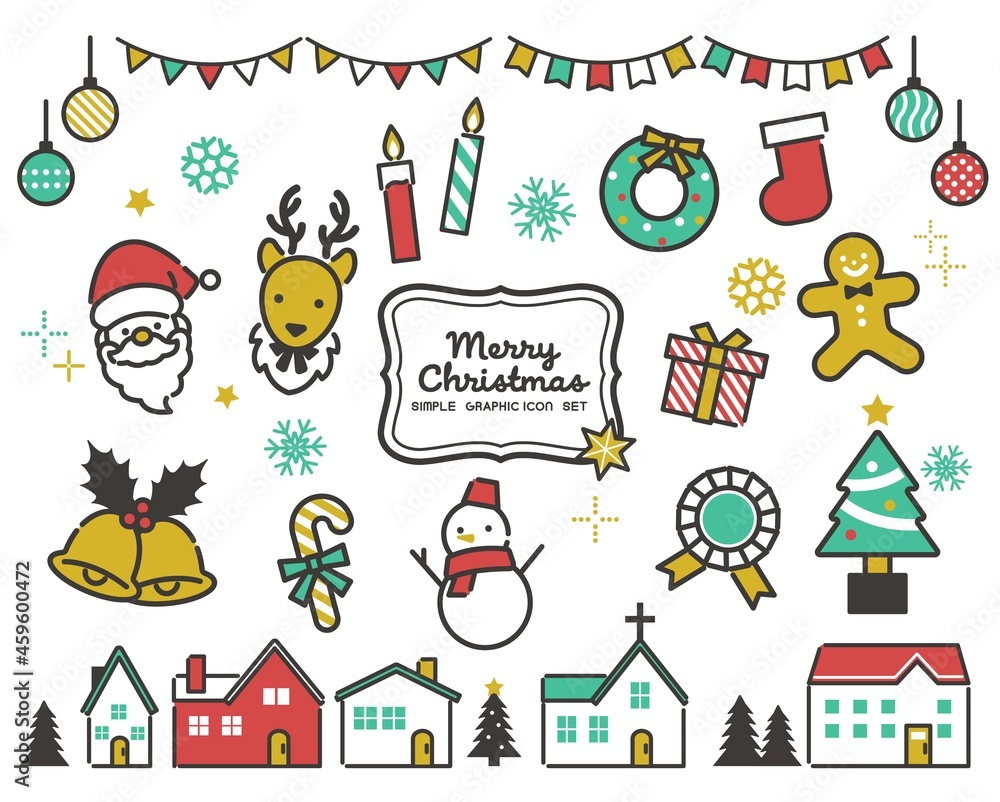 シンプルでかわいいクリスマスアイコンベクターイラスト素材／プレゼント／サンタ／素材／カラフル