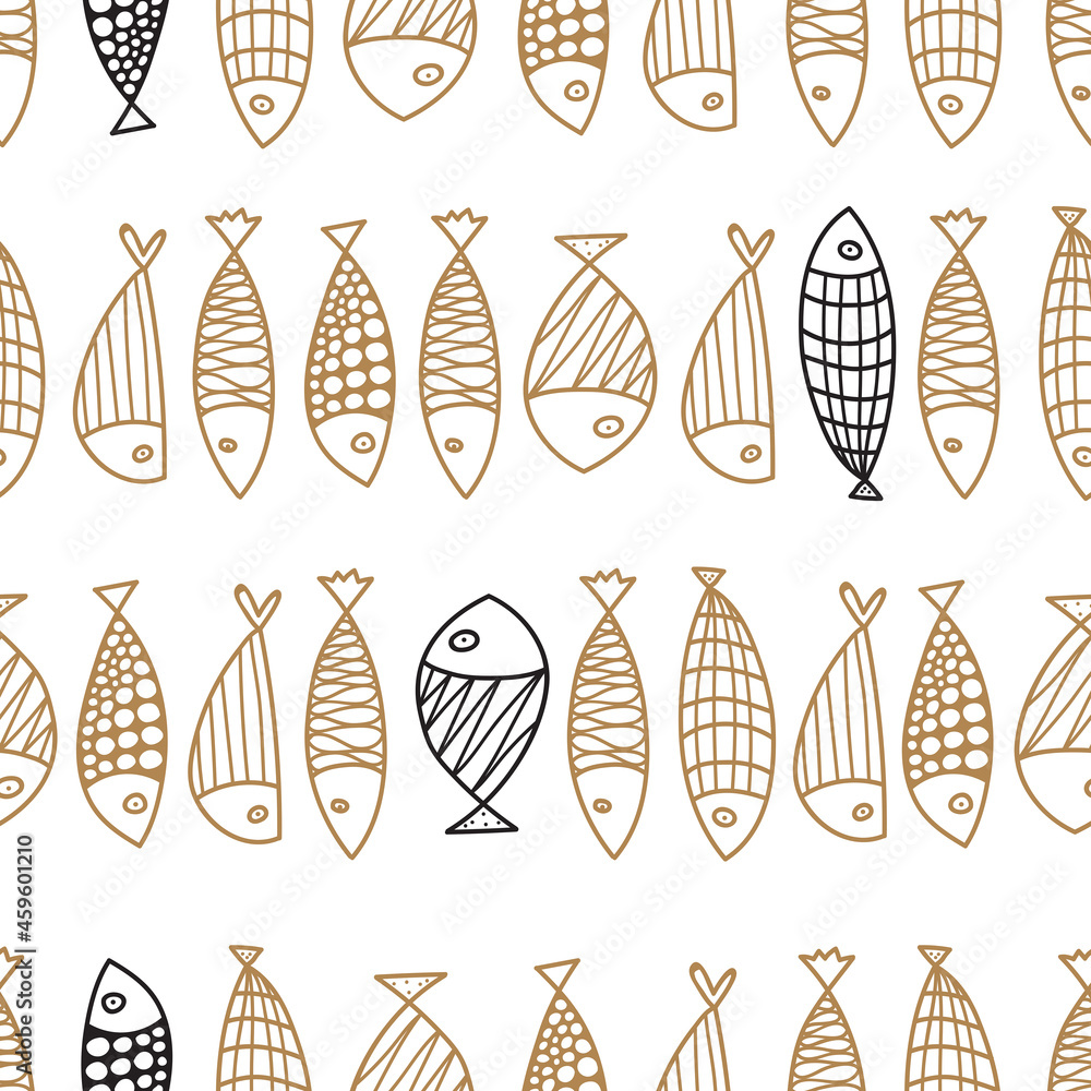 Cute line gold and black fish. Cute flowers. Kids background. Seamless pattern. Can be used in textile industry, paper, background, scrapbooking. Cute line gold and black fish. Cute flowers. Kids background. Seamless pattern. Can be used in textile industry, paper, background, scrapbooking.