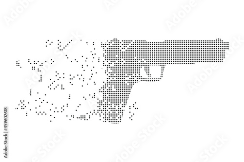 Fractured gun, dot vector icon with disintegration effect. Square pieces are organized into dissolving pistol gun shape. Black on white background