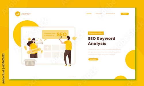 Digital marketing team with SEO keyword analysis illustration on landing page concept