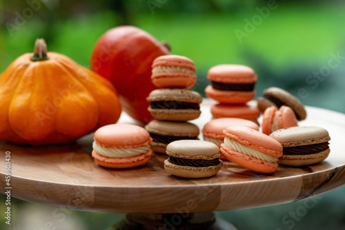 Dessert for Halloween. Thanksgiving menu. French pastry macarons. Macaroni cake with chocolate and mascarpone on a wooden stand with pumpkins.Soft selective focus. Close-up.