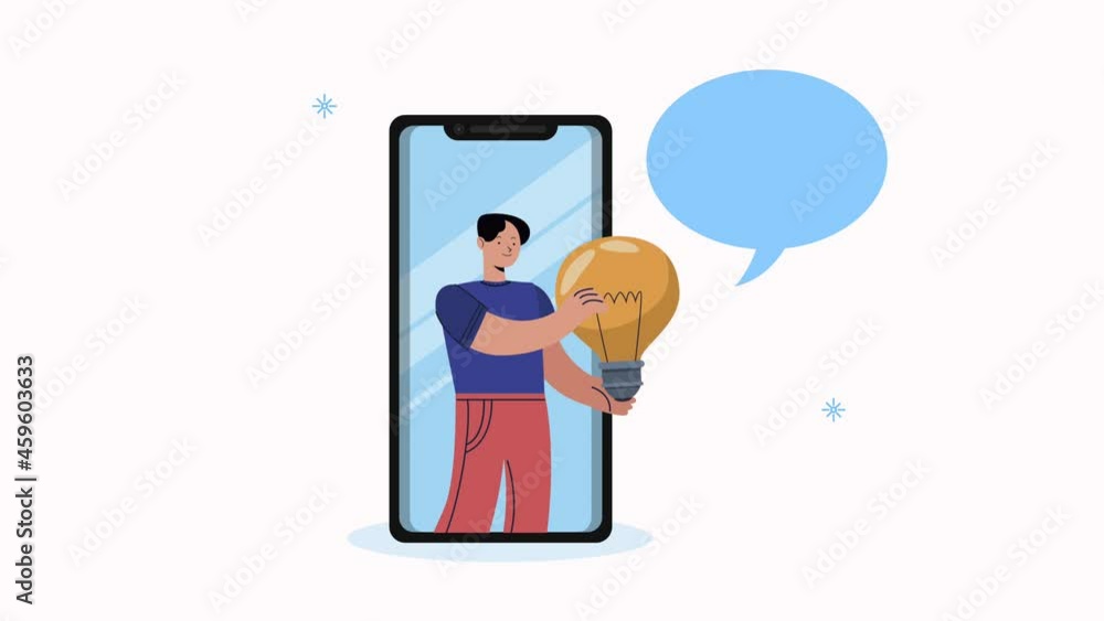 young man lifting bulb in smartphone animation young man lifting bulb in smartphone animation