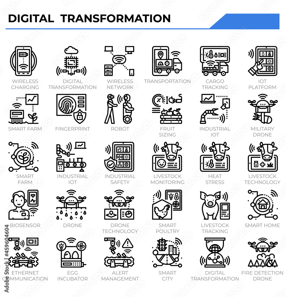 Digital transformation and disruption icon set Digital transformation and disruption icon set