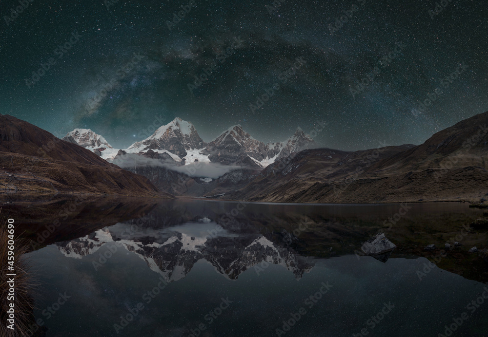 Reflection of the stars Milky Way in the Carhuacaocha lagoon - Andes Mountains in Peru