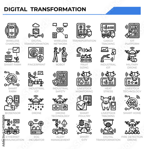 Digital transformation and disruption icon set