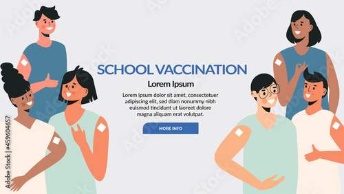 Vaccine for diverse teen or children group banner template. Teenager vaccination concept. School immunization campaign. Child vaccine for health immunity. Different kids vector cartoon illustration