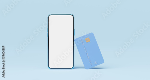 Credit card leaning phone on blue background. Mobile banking and Online payment service. Saving money wealth and business financial concept. Smartphone money transfer online. 3d render.