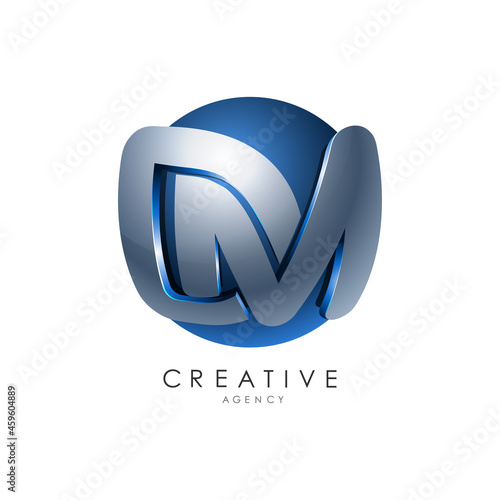 Initial DM letter logo template in blue gray circle 3d design for business and corporate identity
